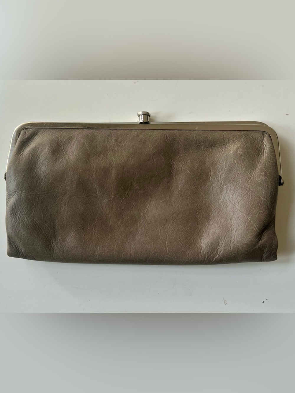 HOBO Grey Leather Wallet 2-Sided Clutch; Multi-Pockets; Orange Patterned Lining